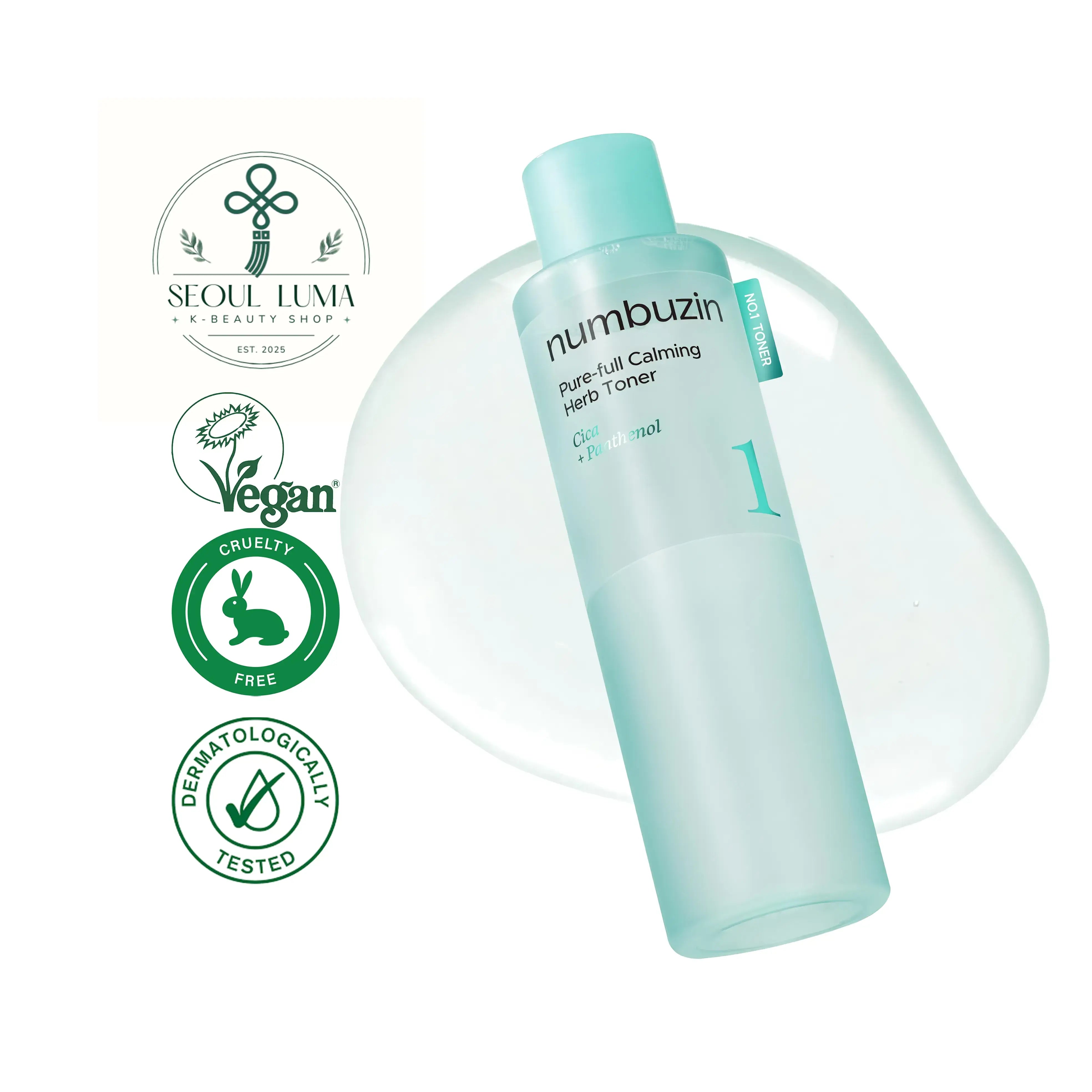 NUMBUZIN No.1 Pure-Full Calming Herb Toner with 93% herbal extracts, heartleaf, centella, and licorice for sensitive and acne-prone skin